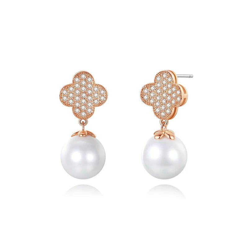 Earrings CE109 OEM&ODM Fine Jewelry 925 Silver Lucky Four Leaf Clover Drop Earrings 18K Rose Gold Plated Elegant Pearl Earrings