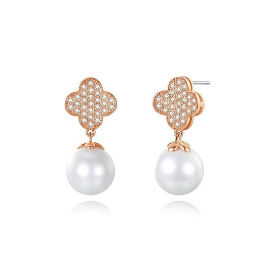 Earrings CE109 OEM&ODM Fine Jewelry 925 Silver Lucky Four Leaf Clover Drop Earrings 18K Rose Gold Plated Elegant Pearl Earrings