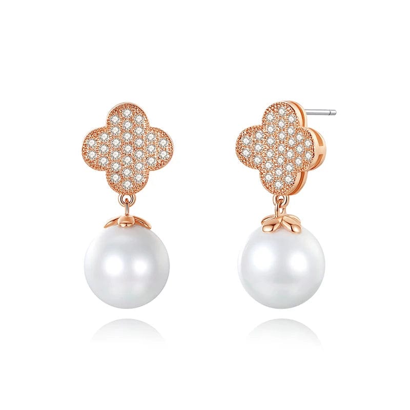 Earrings CE109 OEM&ODM Fine Jewelry 925 Silver Lucky Four Leaf Clover Drop Earrings 18K Rose Gold Plated Elegant Pearl Earrings
