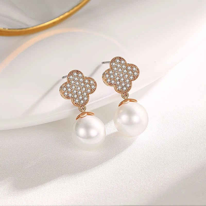 Earrings CE109 OEM&ODM Fine Jewelry 925 Silver Lucky Four Leaf Clover Drop Earrings 18K Rose Gold Plated Elegant Pearl Earrings