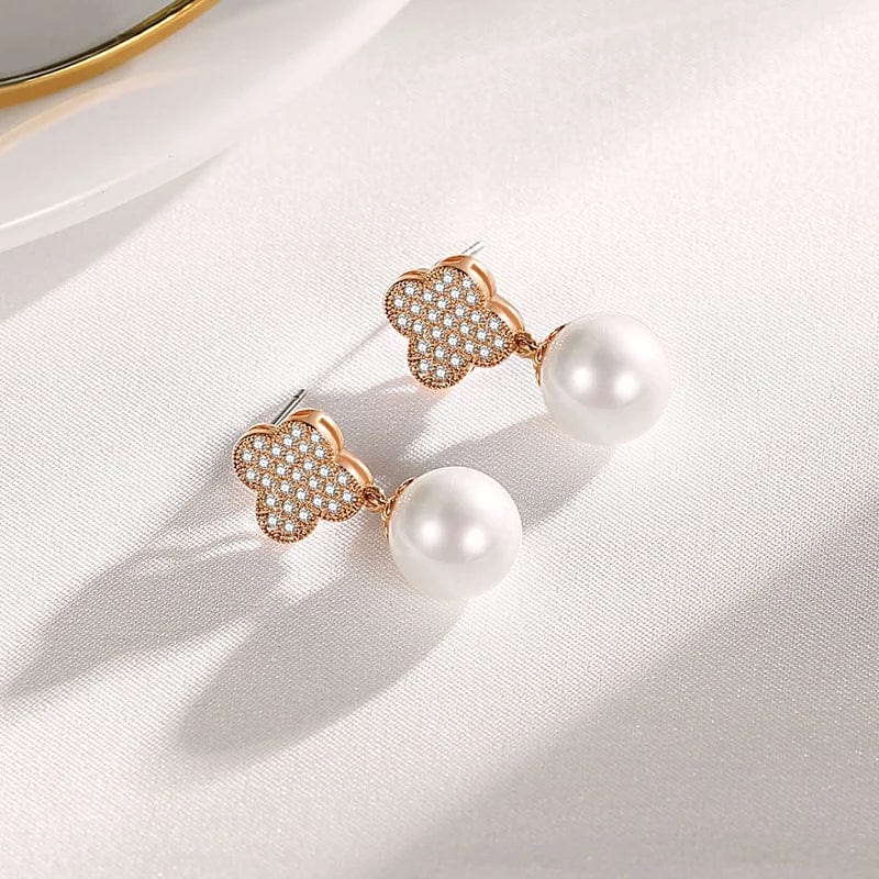 Earrings CE109 OEM&ODM Fine Jewelry 925 Silver Lucky Four Leaf Clover Drop Earrings 18K Rose Gold Plated Elegant Pearl Earrings
