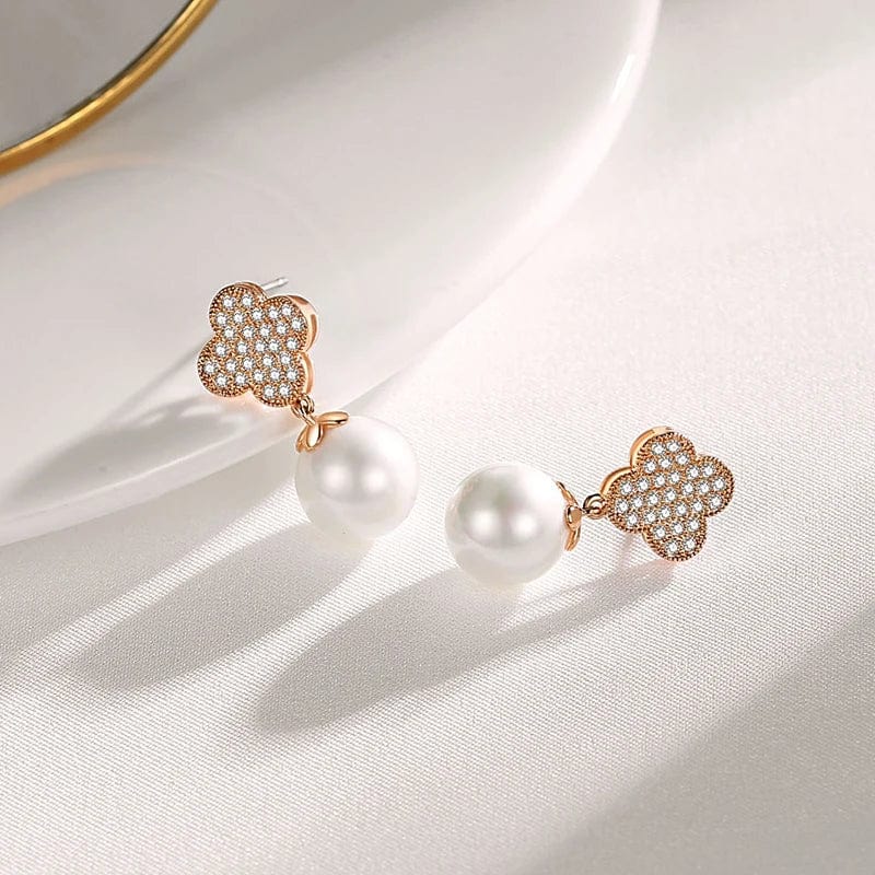 Earrings CE109 OEM&ODM Fine Jewelry 925 Silver Lucky Four Leaf Clover Drop Earrings 18K Rose Gold Plated Elegant Pearl Earrings