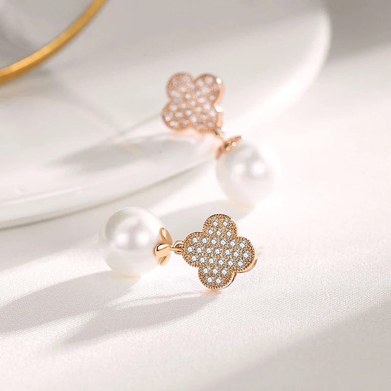 Earrings CE109 OEM&ODM Fine Jewelry 925 Silver Lucky Four Leaf Clover Drop Earrings 18K Rose Gold Plated Elegant Pearl Earrings