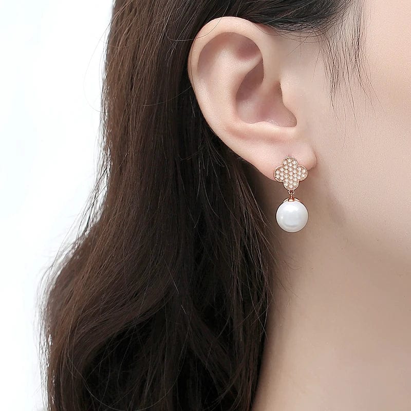 Earrings CE109 OEM&ODM Fine Jewelry 925 Silver Lucky Four Leaf Clover Drop Earrings 18K Rose Gold Plated Elegant Pearl Earrings