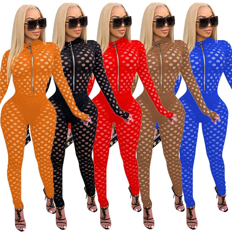 EB-2023 new100806    Casual Ladies Bodysuit Rompers Solid Color Mesh Adjustable Zipper Sexy Skinny One Piece Fall Women Jumpsuit