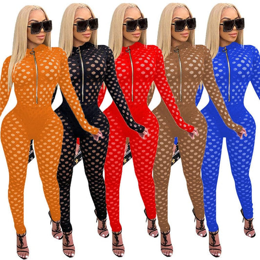 EB-2023 new100806    Casual Ladies Bodysuit Rompers Solid Color Mesh Adjustable Zipper Sexy Skinny One Piece Fall Women Jumpsuit