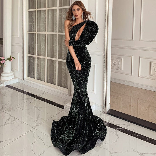 ED2140 Women Trendy Clothing One Shoulder Floor-length Plus Size Prom Dresses Party Maxi Sequin Evening Dress