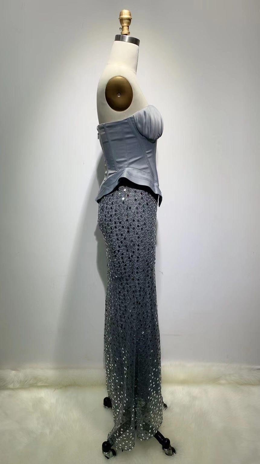 ED2154 Grace V Neck Sleeveless Slim Fit Satin Piecing Corset Mermaid Sequins Dress Evening Gown