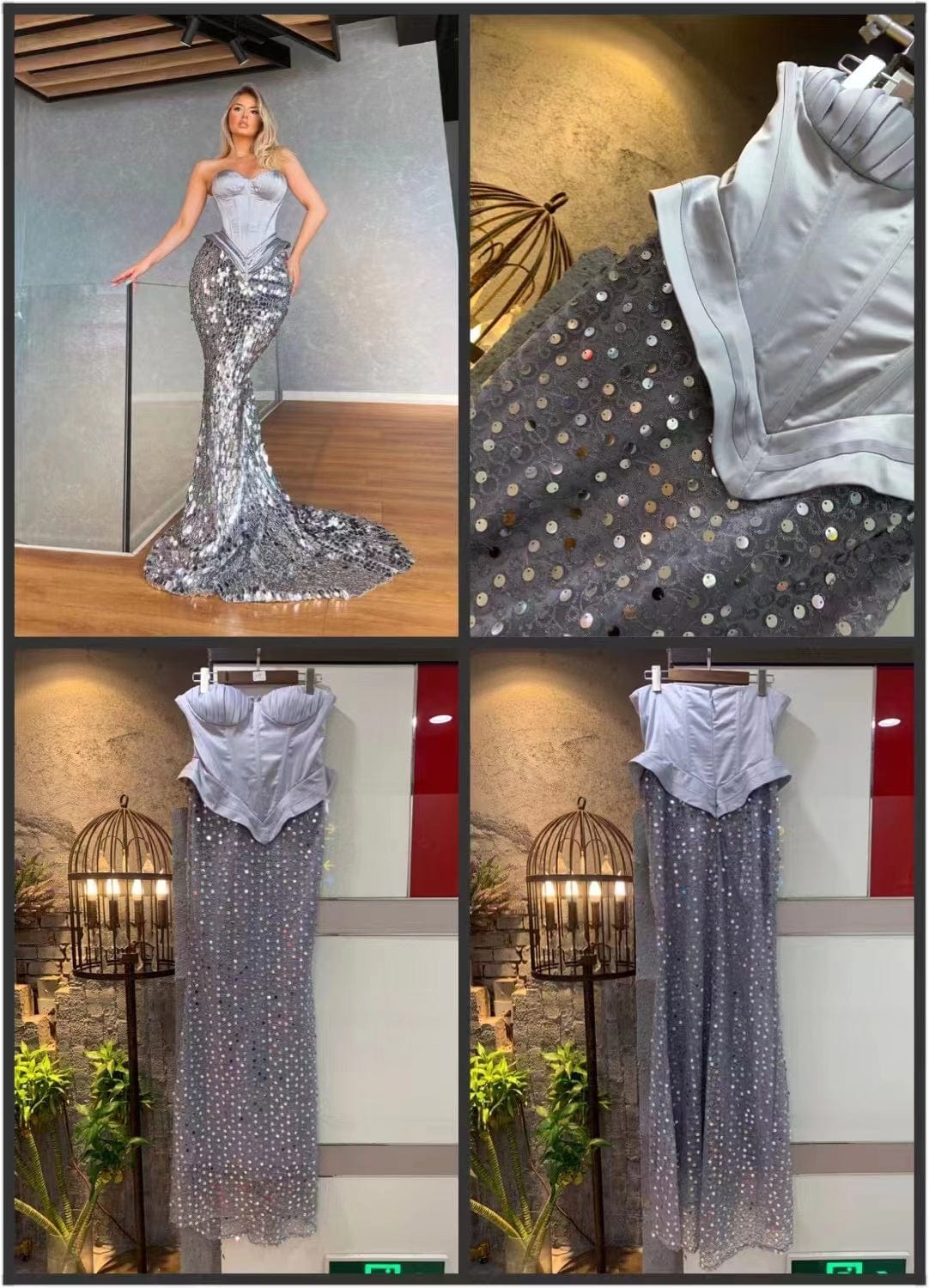 ED2154 Grace V Neck Sleeveless Slim Fit Satin Piecing Corset Mermaid Sequins Dress Evening Gown