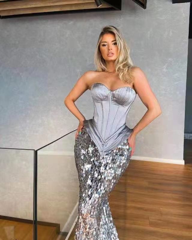 ED2154 Grace V Neck Sleeveless Slim Fit Satin Piecing Corset Mermaid Sequins Dress Evening Gown