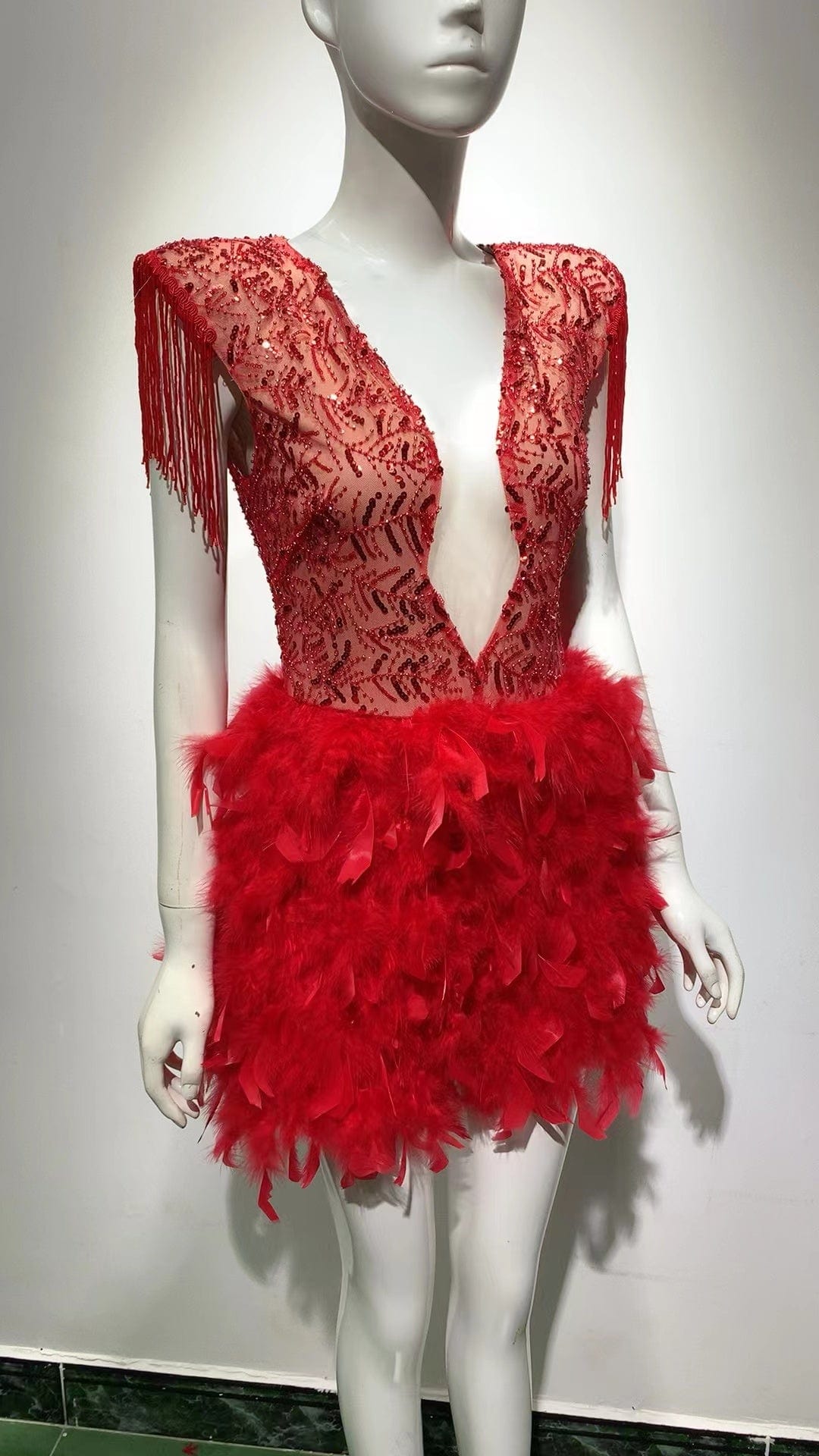 ED2161 High Quality Sequined Women Clothes Fashion Tassels Sleeve Women Celebrity Prom Dresses With Feathers Evening Dreese