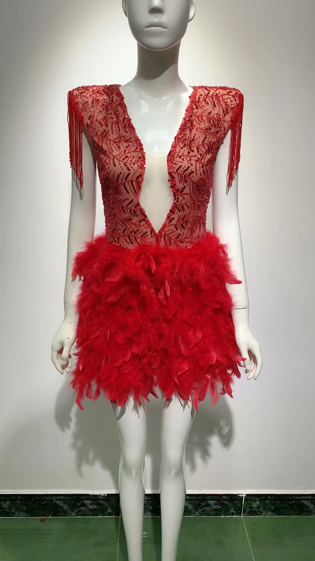 ED2161 High Quality Sequined Women Clothes Fashion Tassels Sleeve Women Celebrity Prom Dresses With Feathers Evening Dreese