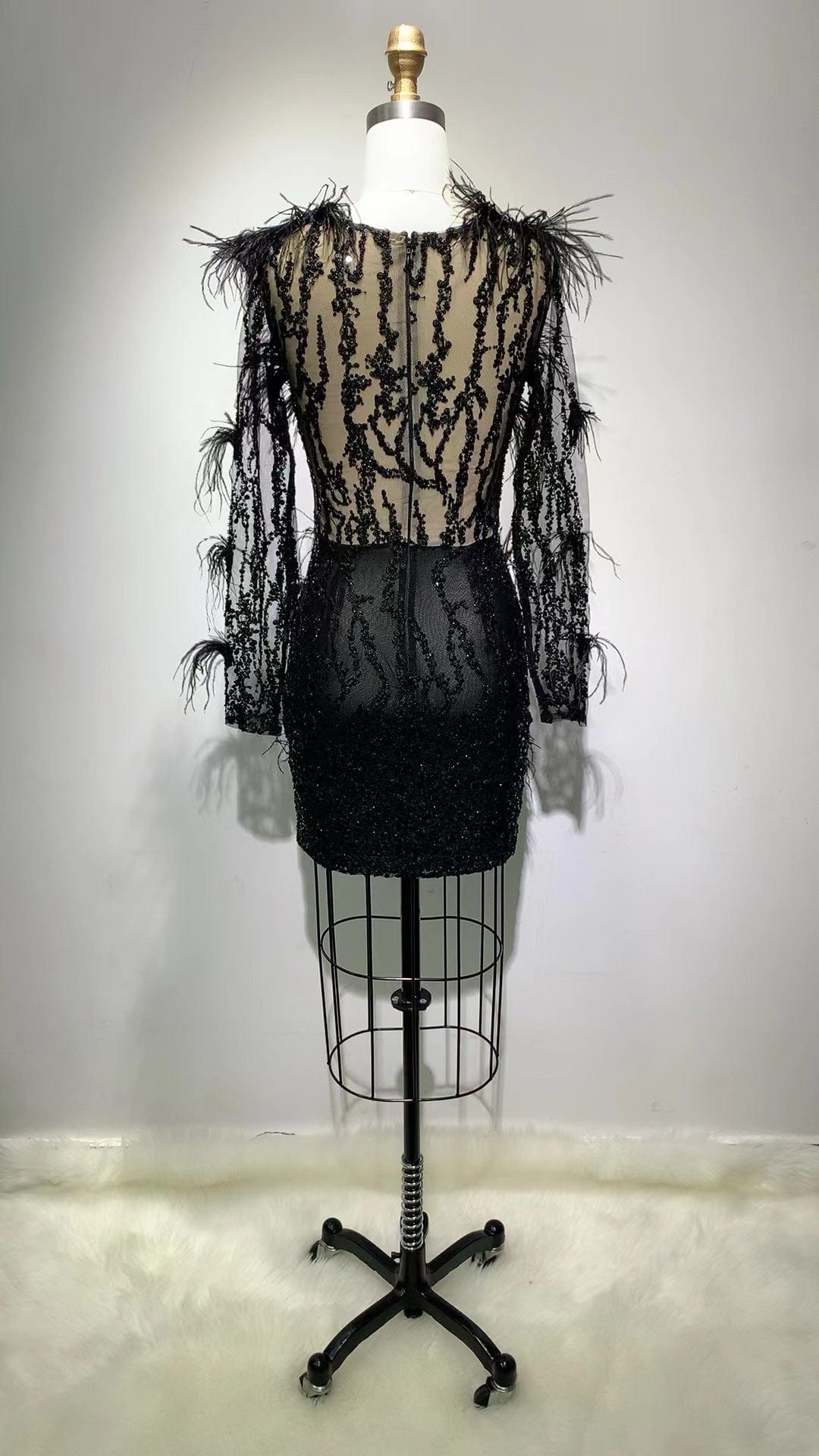 ED2166 Custom High Quality Embroidery Lace Sequin Beading Black Evening Dress With Feathers Gowns For Women