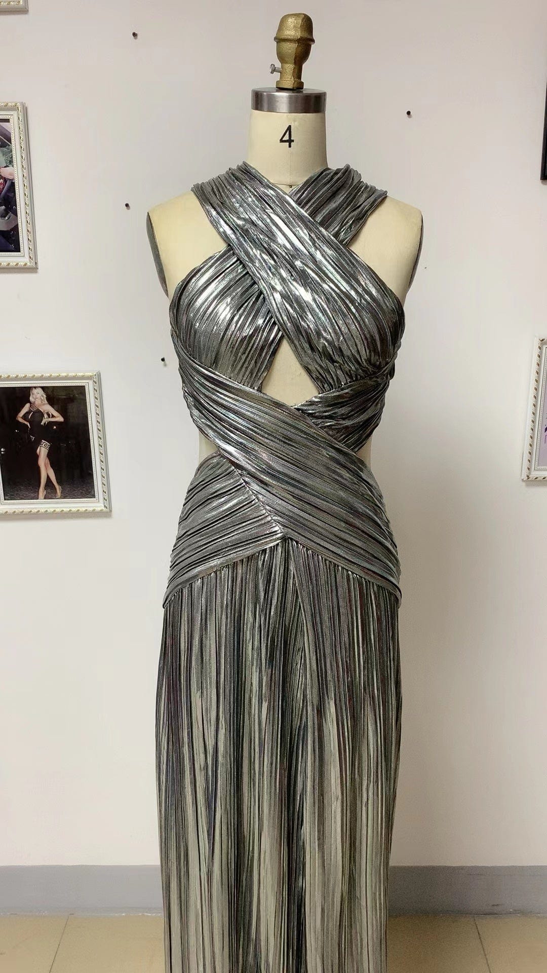 ED2175 Halter Criss-Cross Midi Pleated Dress Party Silver Gowns For Women Evening Dresses