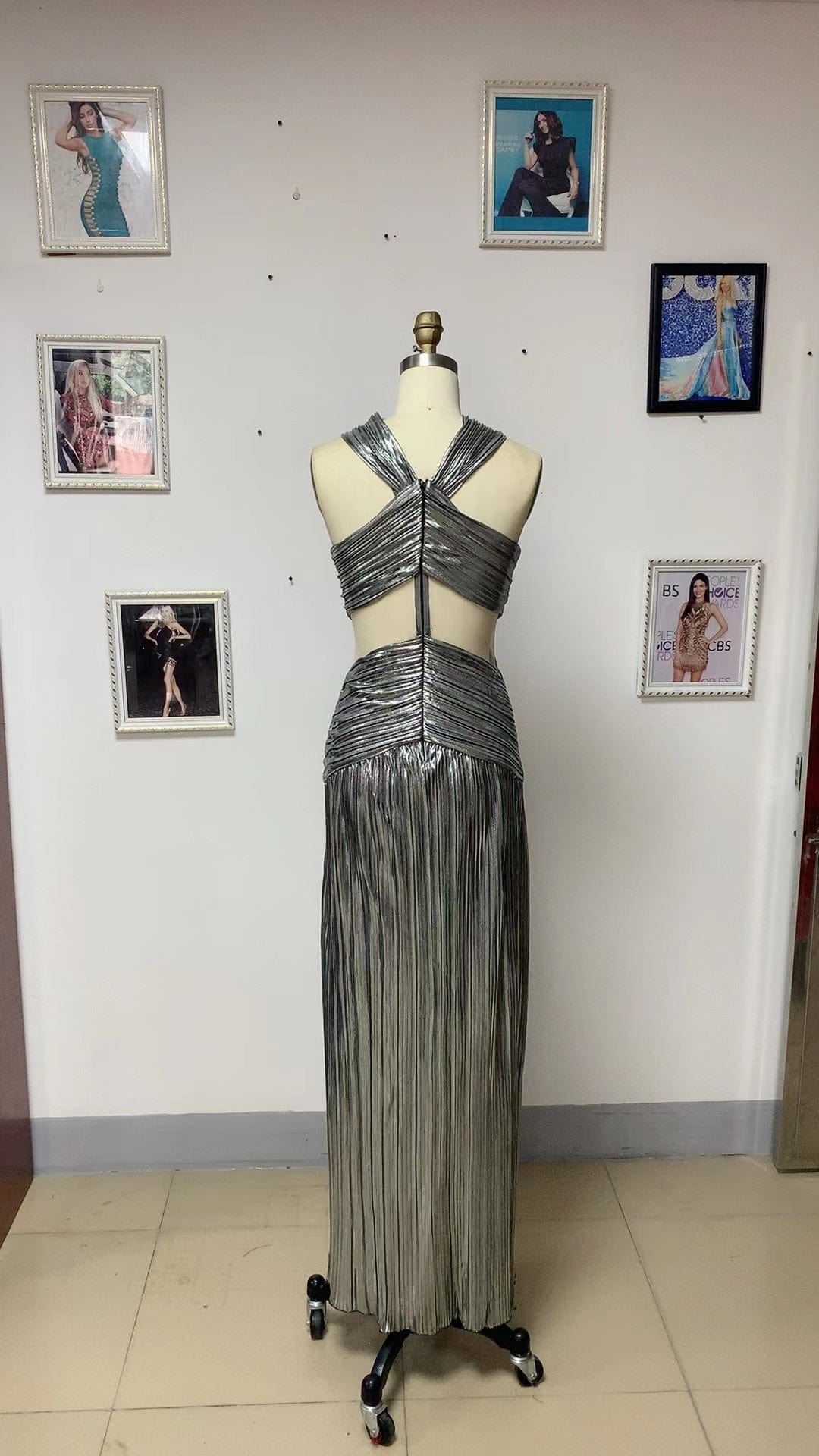 ED2175 Halter Criss-Cross Midi Pleated Dress Party Silver Gowns For Women Evening Dresses