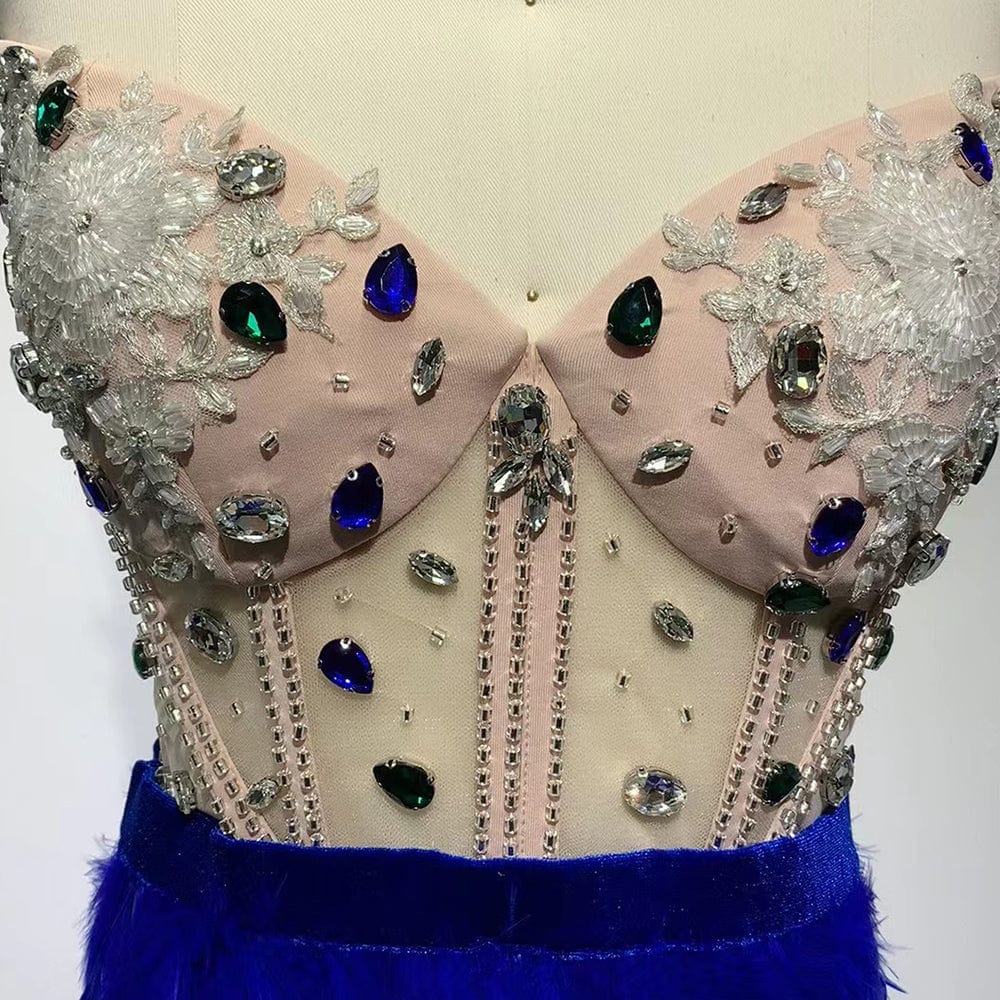 ED2187 Top Quality Rhinestone Corset Luxury Celebrity Dress  Elegant Feathers Gowns Women Dresses Clubwear