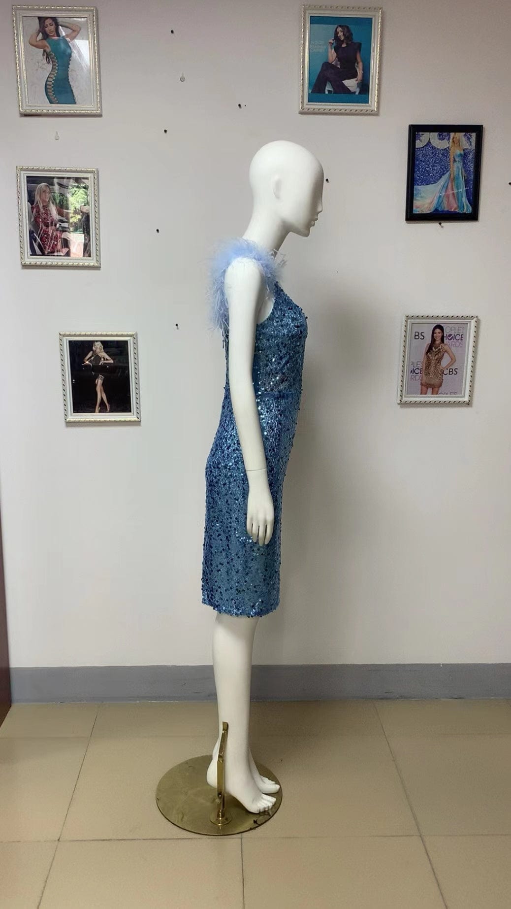 ED2208 Kimshein Ladies Luxury Deep V Neck With Mesh Feather Strap Sequined Evening Dinner Dress Party