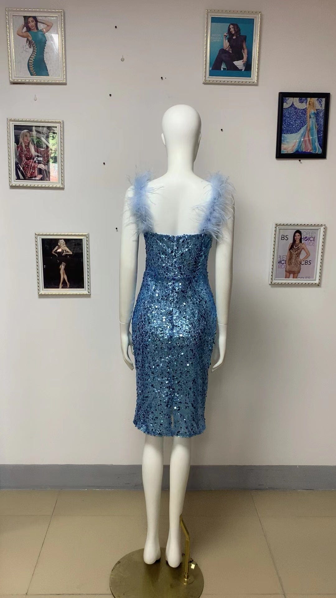 ED2208 Kimshein Ladies Luxury Deep V Neck With Mesh Feather Strap Sequined Evening Dinner Dress Party