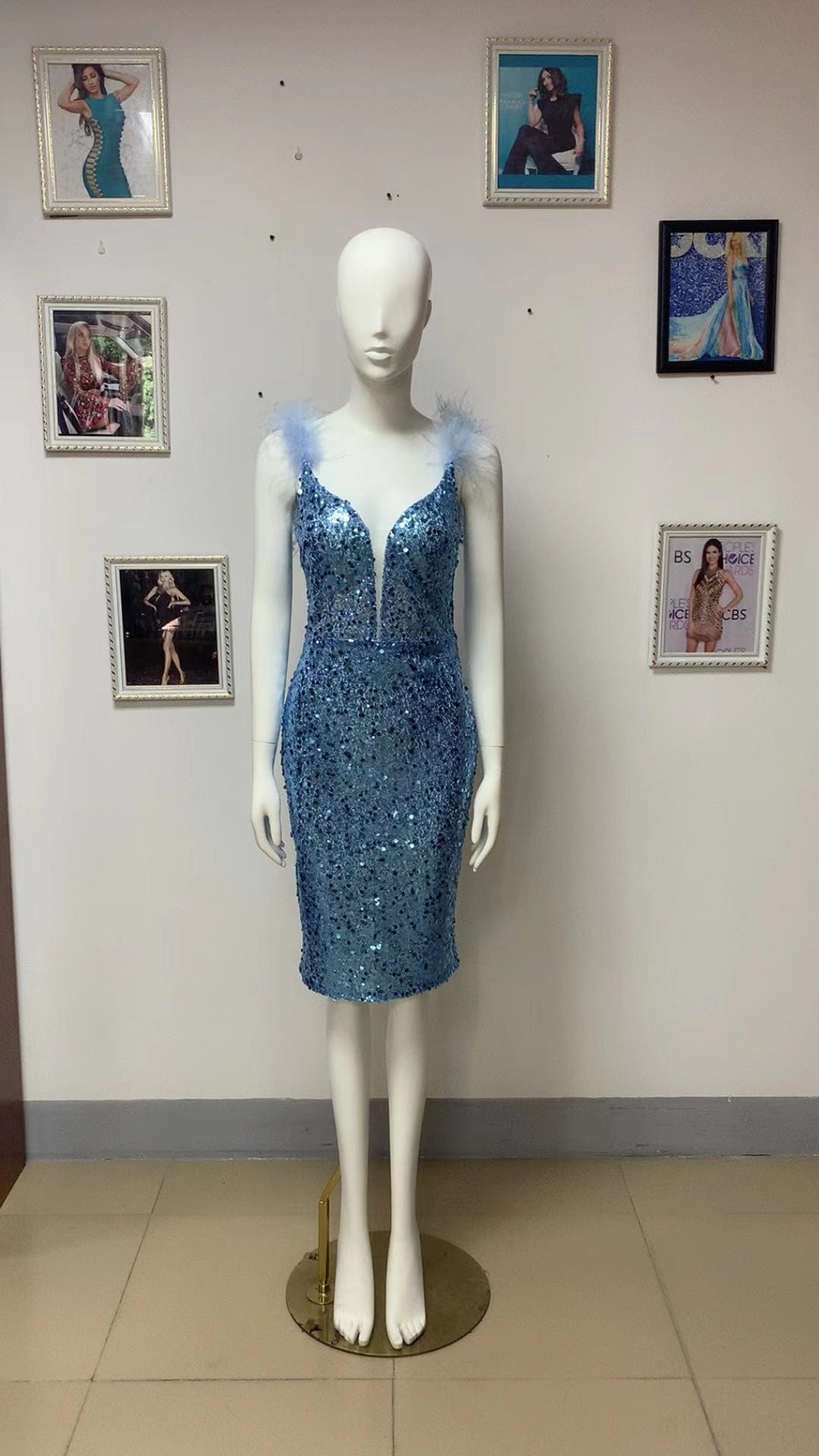 ED2208 Kimshein Ladies Luxury Deep V Neck With Mesh Feather Strap Sequined Evening Dinner Dress Party