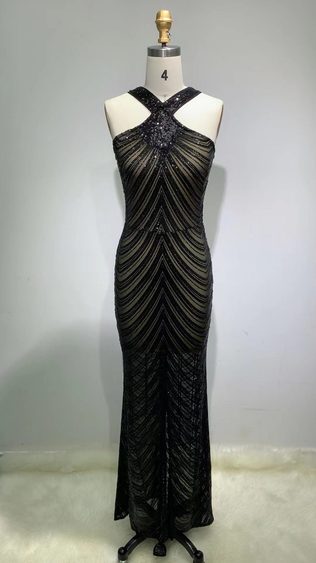 ED2216 Kimshein Blusas Women Fashionable Vestidos Largos Black Sequin Mesh New Halter Evening Dinner Dresses Party