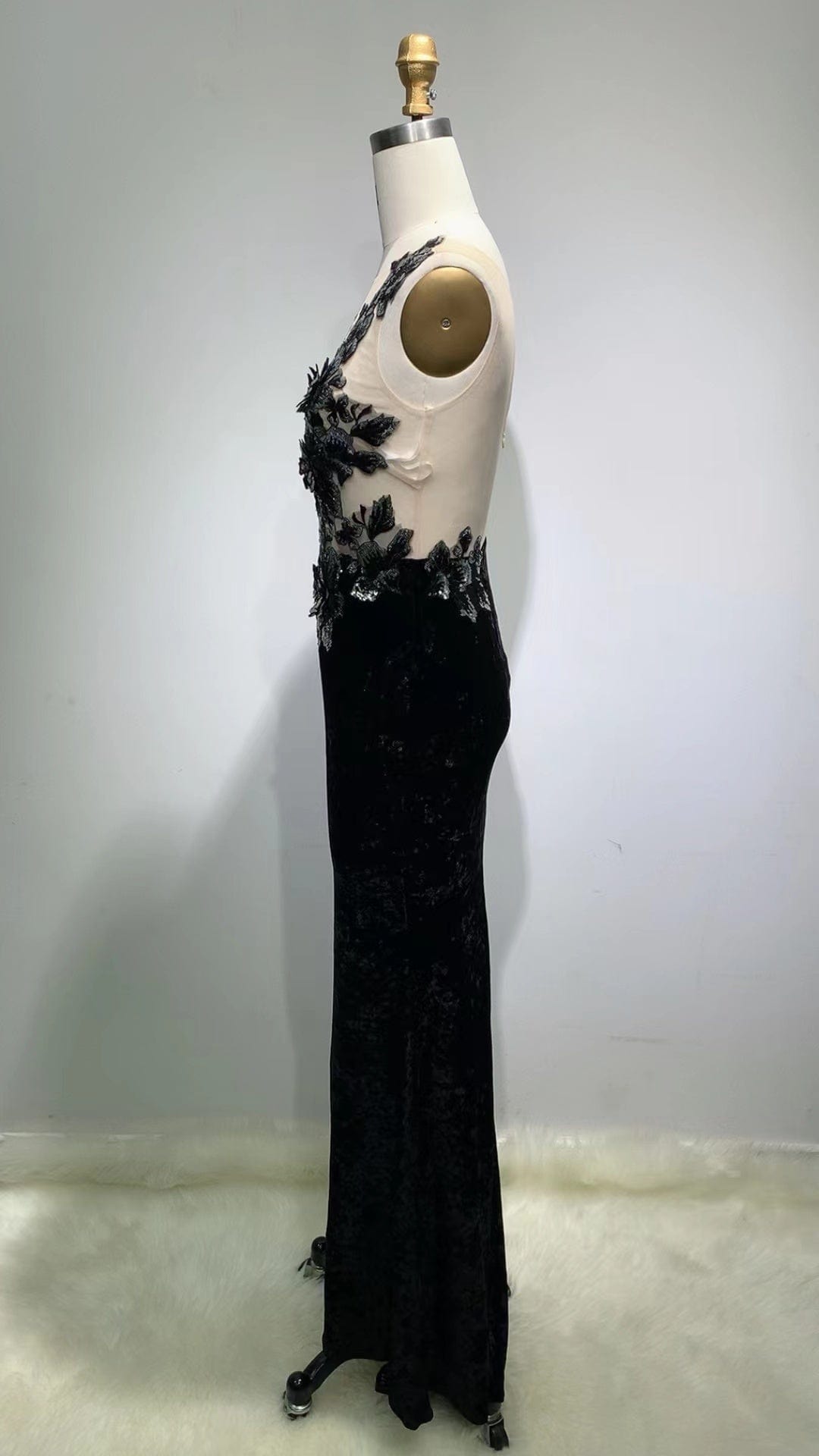 ED2218 Kimshein Transparent Dresses Women Mesh Backless Crop Top Sequin Flower Applique Velvet Dresses Party Evening