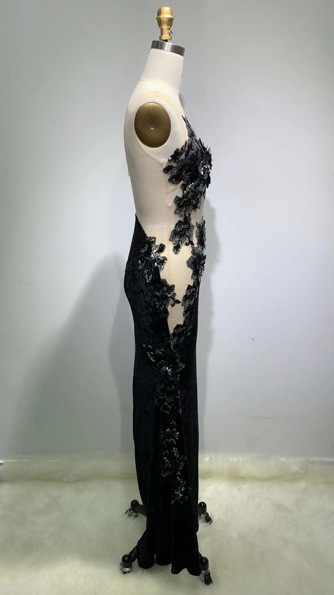 ED2218 Kimshein Transparent Dresses Women Mesh Backless Crop Top Sequin Flower Applique Velvet Dresses Party Evening