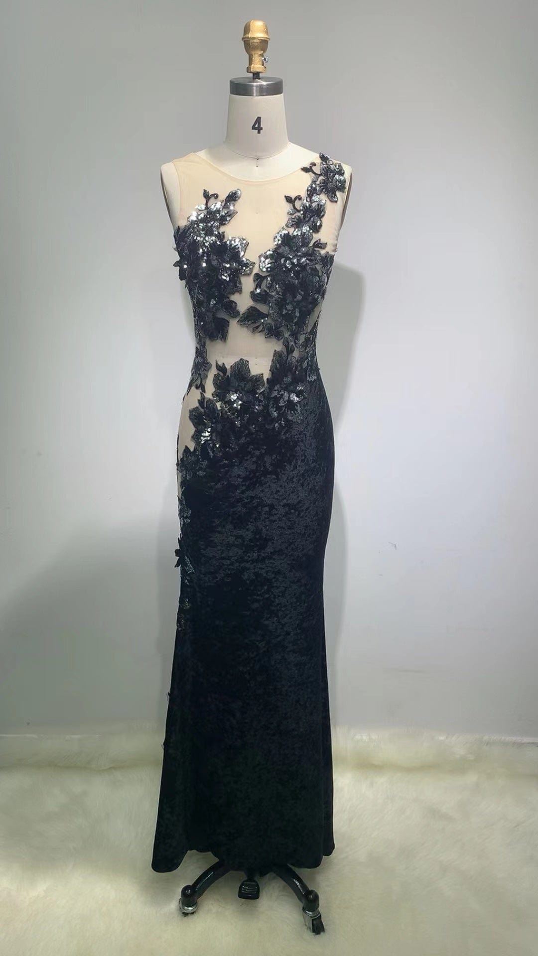 ED2218 Kimshein Transparent Dresses Women Mesh Backless Crop Top Sequin Flower Applique Velvet Dresses Party Evening