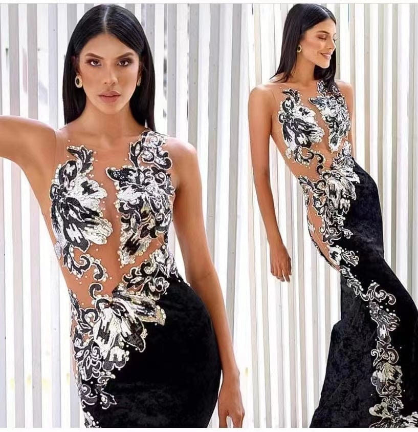 ED2218 Kimshein Transparent Dresses Women Mesh Backless Crop Top Sequin Flower Applique Velvet Dresses Party Evening