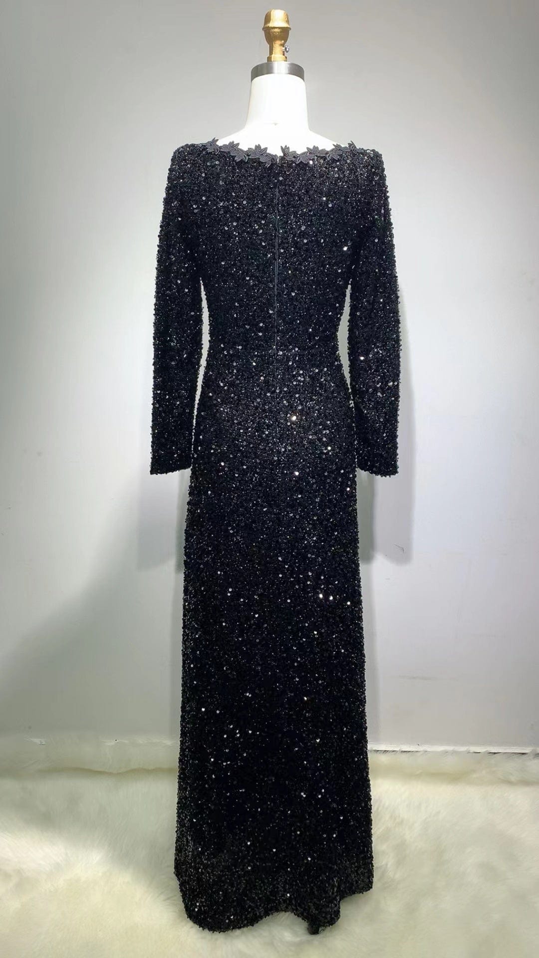 ED2222 Kimshein Decent Dresses For Ladies Images Luxury Black Sequin Applique Mesh Beading High Split Dress Party