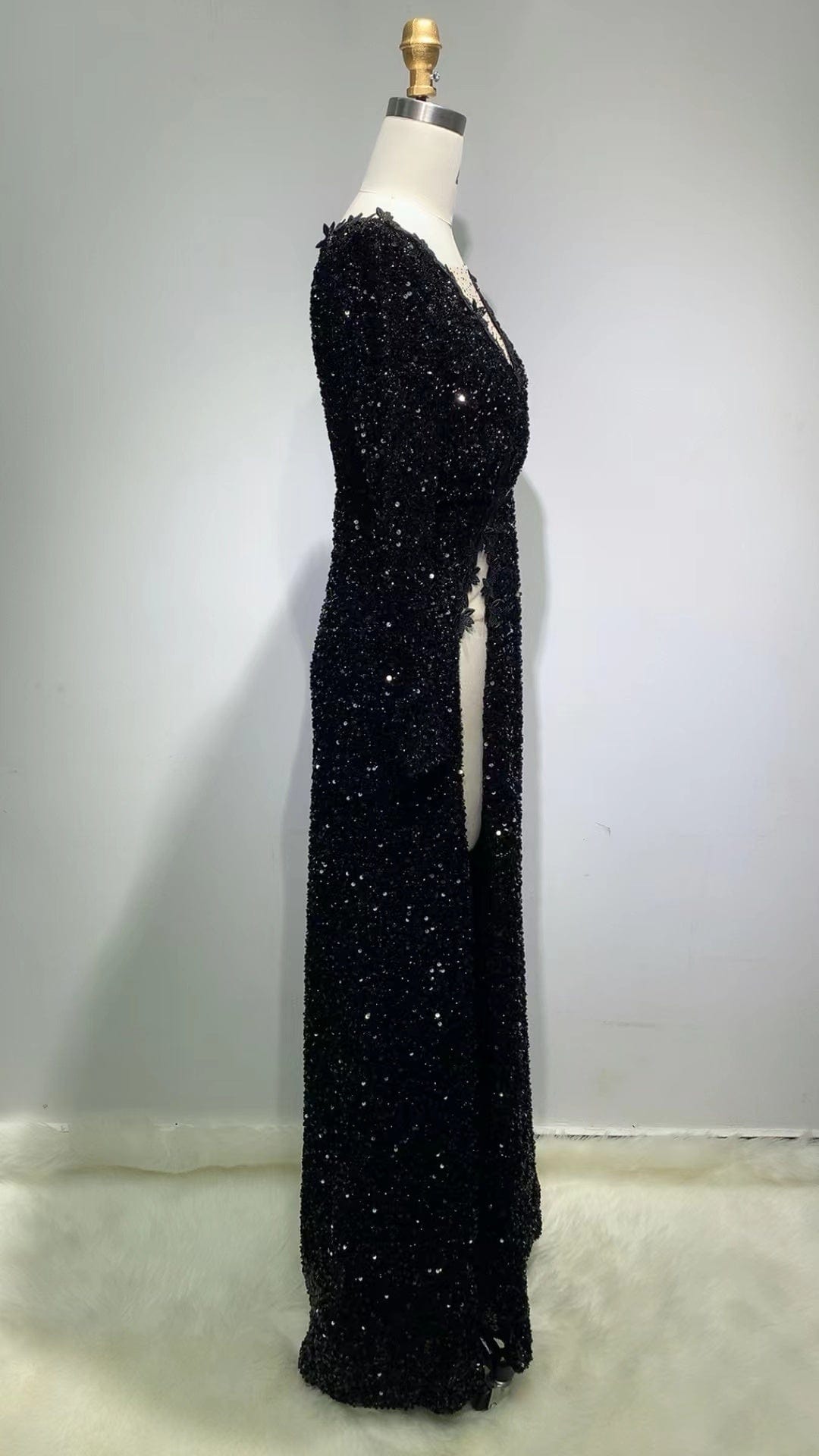 ED2222 Kimshein Decent Dresses For Ladies Images Luxury Black Sequin Applique Mesh Beading High Split Dress Party