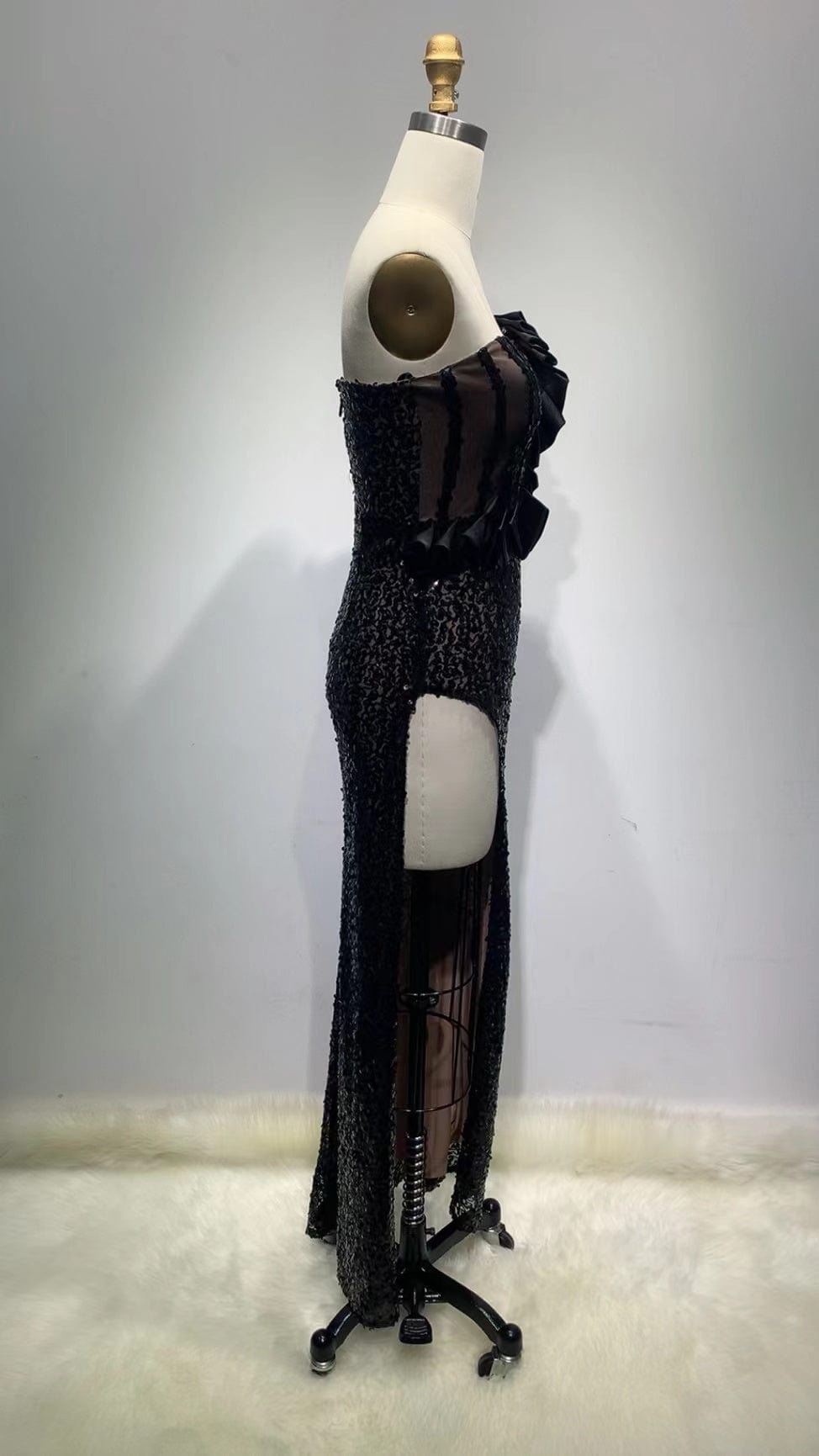 ED2258 Kimshein Womens Clothing Sexy V Neck One Sleeve With Ruffled High Split Sequin Women Evening Dresses Elegant