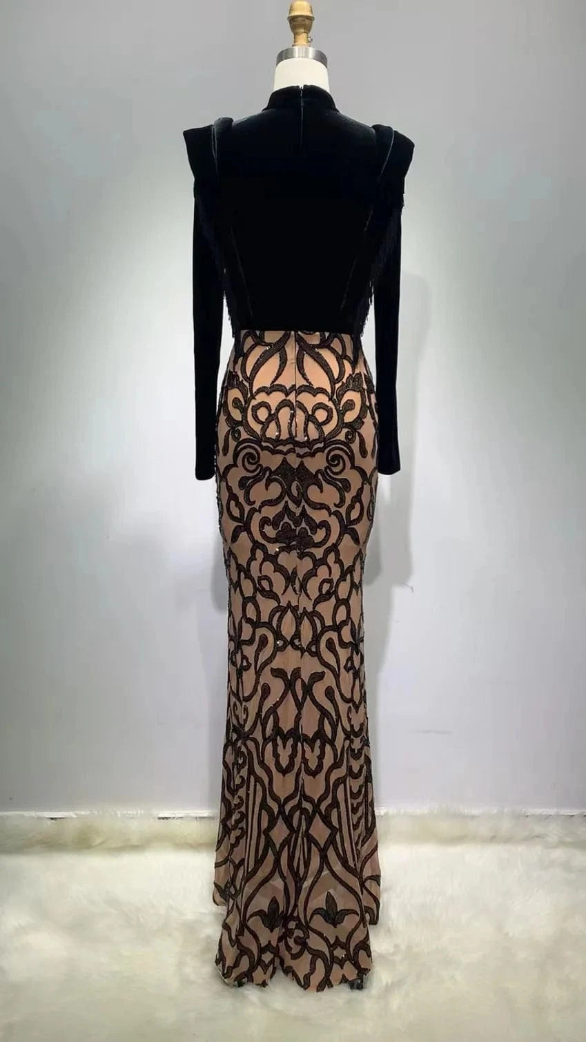 ED2278 Long Sleeve Sequin Ball Gown Luxury Bodycon Velvet Long Dress Evening Dresses Women Lady Elegant