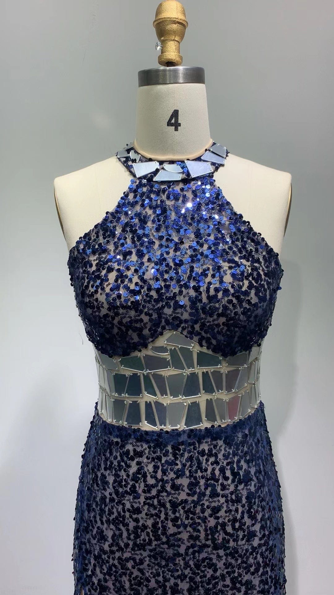 ED2310 Kimshein Luxury Halter Blue Sequin Off Shoulder Sleeveless High Slit Evening Party Gown Dress Elegant