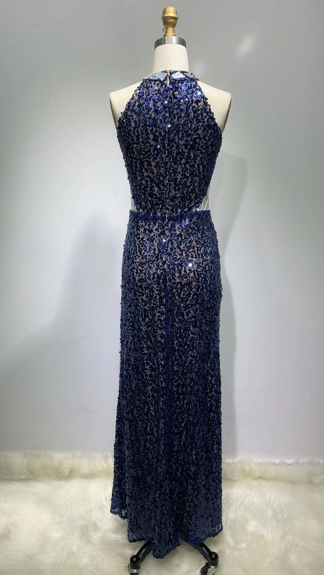 ED2310 Kimshein Luxury Halter Blue Sequin Off Shoulder Sleeveless High Slit Evening Party Gown Dress Elegant