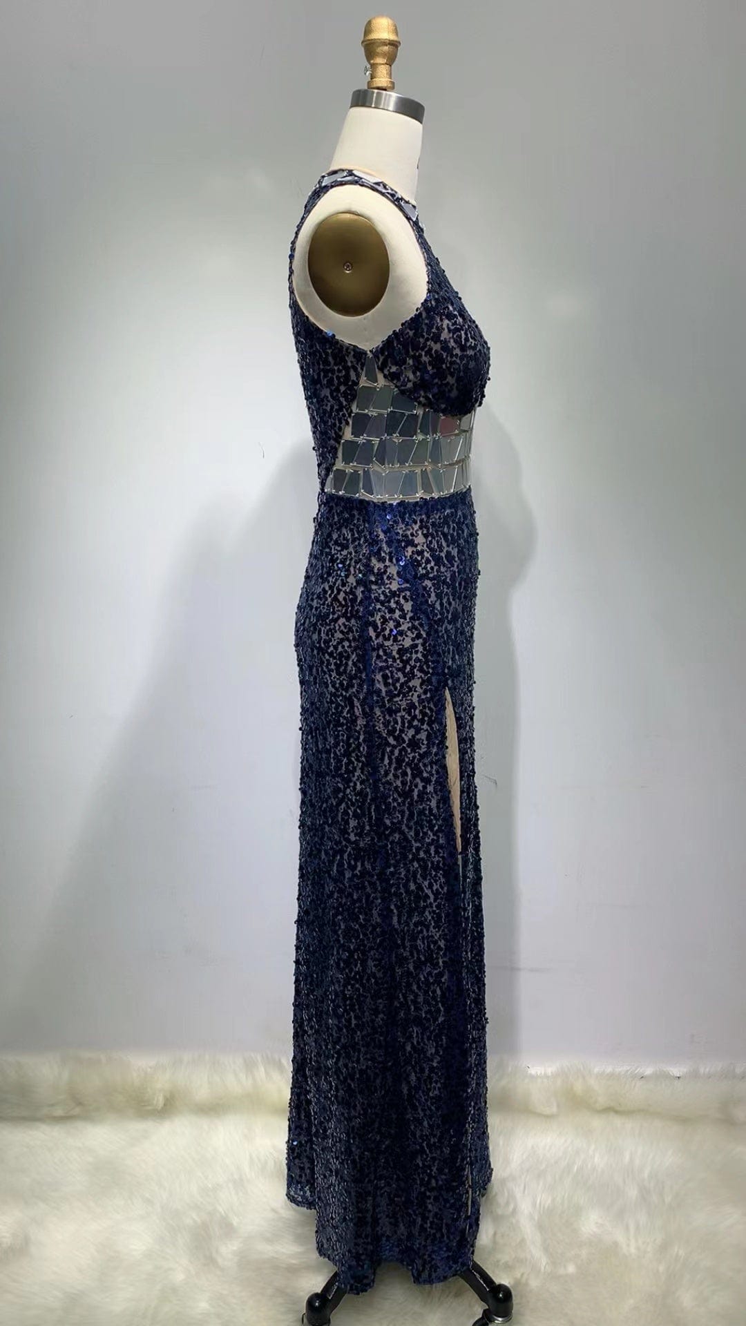 ED2310 Kimshein Luxury Halter Blue Sequin Off Shoulder Sleeveless High Slit Evening Party Gown Dress Elegant