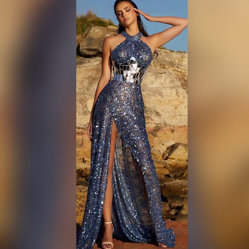 ED2310 Kimshein Luxury Halter Blue Sequin Off Shoulder Sleeveless High Slit Evening Party Gown Dress Elegant