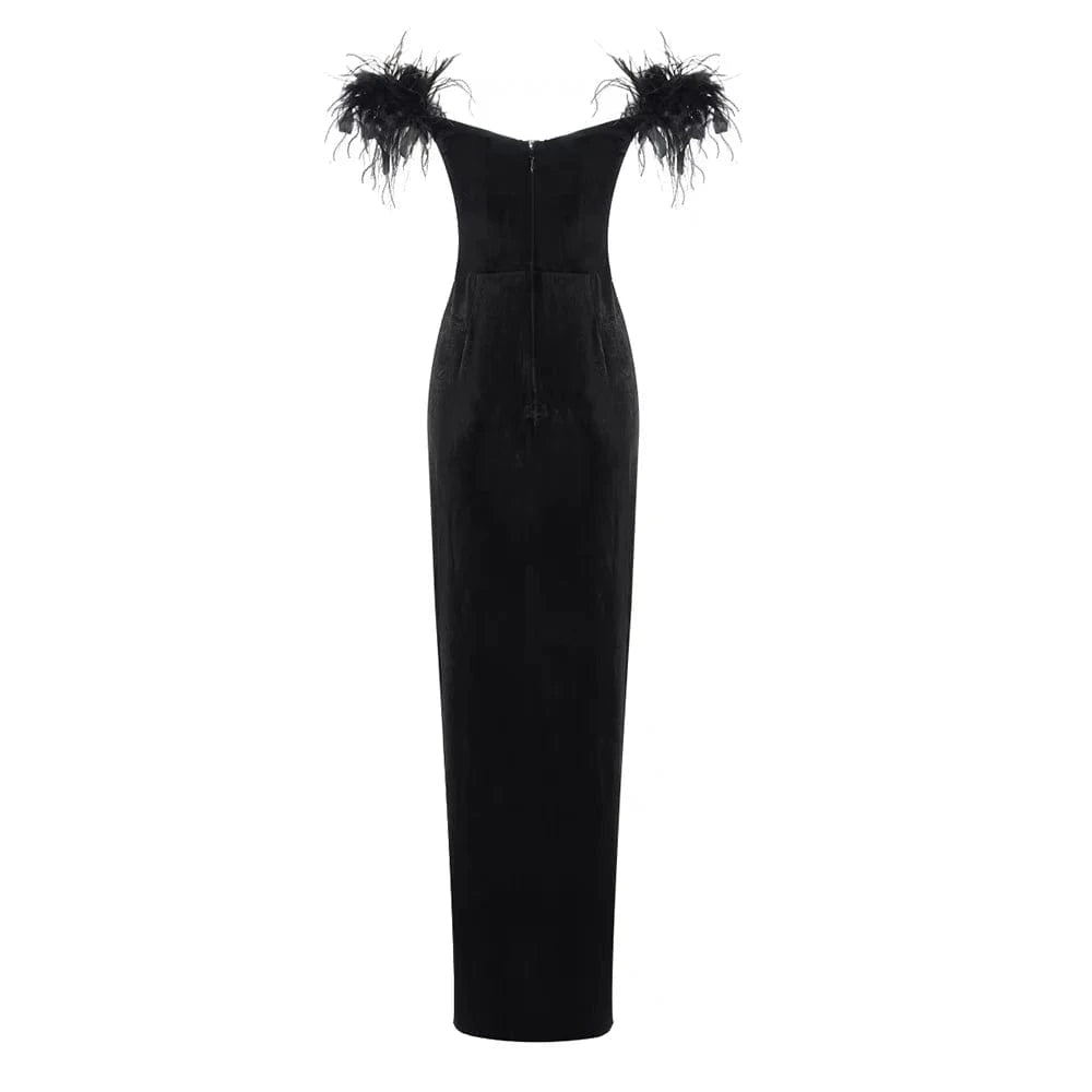 ED2617 High Quality Evening Dress Elegant Christmas Party Dress Feather Dressing Ball Gown With Slit