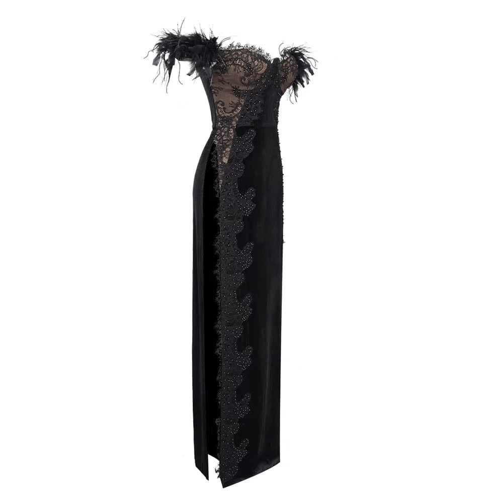 ED2617 High Quality Evening Dress Elegant Christmas Party Dress Feather Dressing Ball Gown With Slit