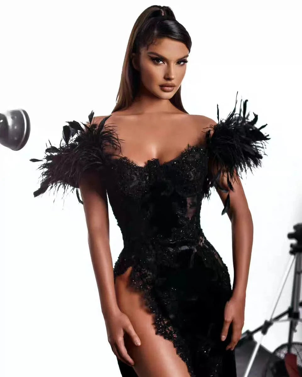 ED2617 High Quality Evening Dress Elegant Christmas Party Dress Feather Dressing Ball Gown With Slit