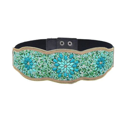Elastic Bohemian Women belt Colorful Turquoise Bead Flower Leather Belt Bohemian Ethnic Body Jewelry
