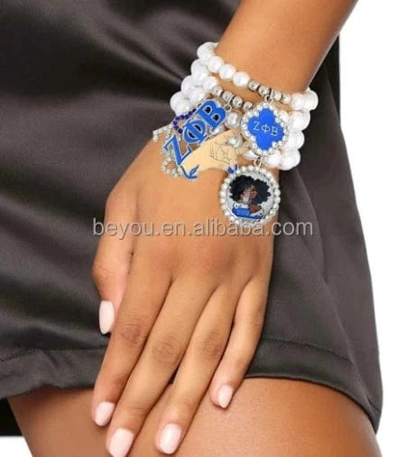 elastic bracelet / 19CM / ribbon Zeta Phi Beta Pearl Chain Ribbon Set Bracelet Stack Greek ZPB Hollow Pendant Love Rhinestone Pendant Bracelet Meeting Party Gift