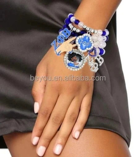 elastic bracelet / 19CM / ribbon Zeta Phi Beta Pearl Chain Ribbon Set Bracelet Stack Greek ZPB Hollow Pendant Love Rhinestone Pendant Bracelet Meeting Party Gift