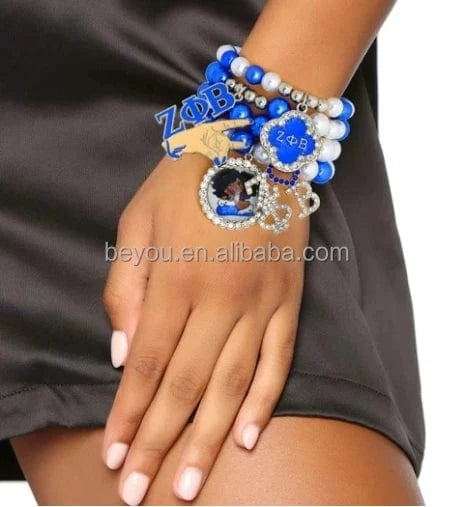 elastic bracelet / 19CM / ribbon Zeta Phi Beta Pearl Chain Ribbon Set Bracelet Stack Greek ZPB Hollow Pendant Love Rhinestone Pendant Bracelet Meeting Party Gift