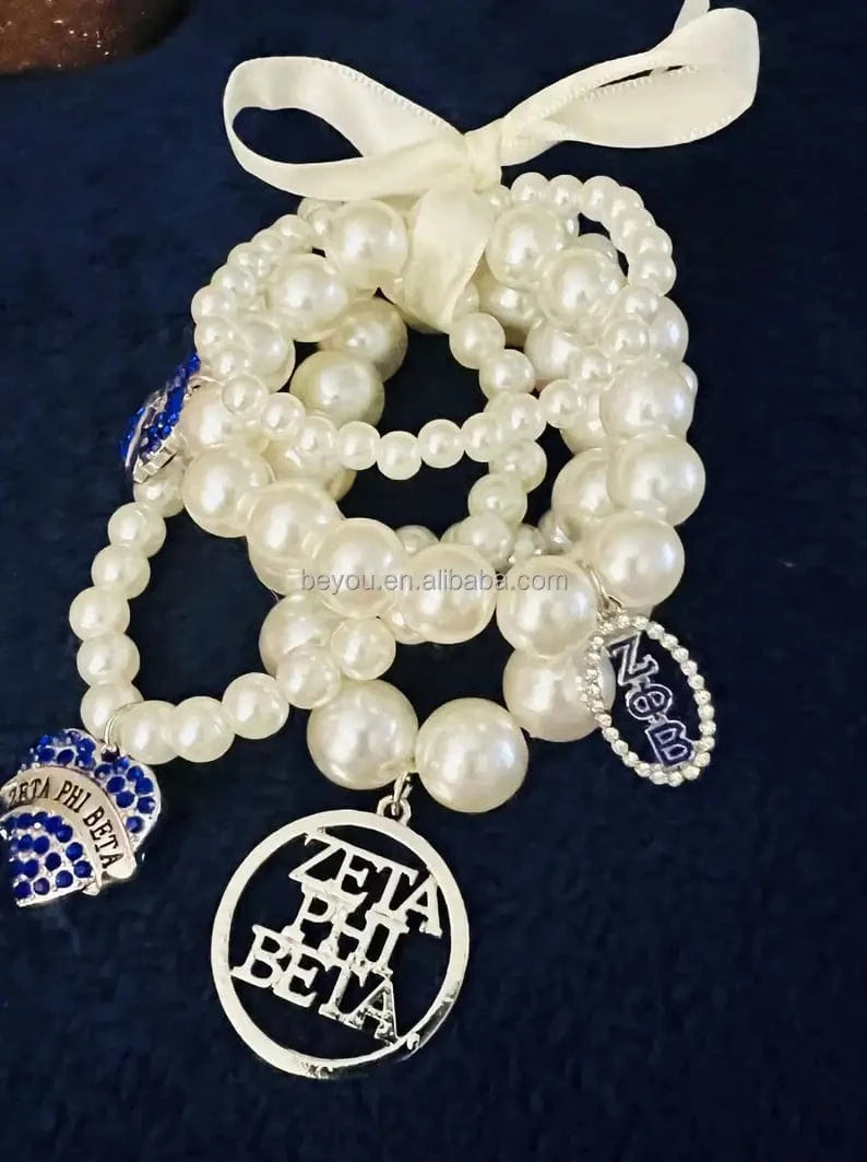 elastic bracelet / 19CM / ribbon Zeta Phi Beta Pearl Chain Ribbon Set Bracelet Stack Greek ZPB Hollow Pendant Love Rhinestone Pendant Bracelet Meeting Party Gift