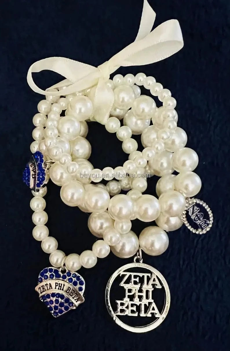 elastic bracelet / 19CM / ribbon Zeta Phi Beta Pearl Chain Ribbon Set Bracelet Stack Greek ZPB Hollow Pendant Love Rhinestone Pendant Bracelet Meeting Party Gift