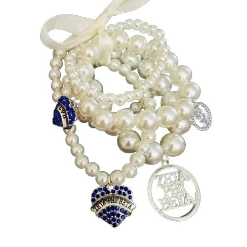 elastic bracelet / 19CM / ribbon Zeta Phi Beta Pearl Chain Ribbon Set Bracelet Stack Greek ZPB Hollow Pendant Love Rhinestone Pendant Bracelet Meeting Party Gift