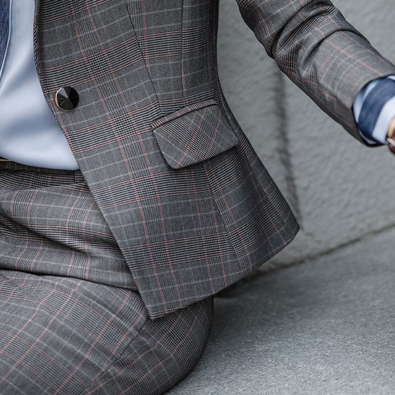 Elastic Waistband 2 Piece Set Formal Plaid Pant Suit Office Lady Work Wear Uniform Design Women Business Jacket and Trouser