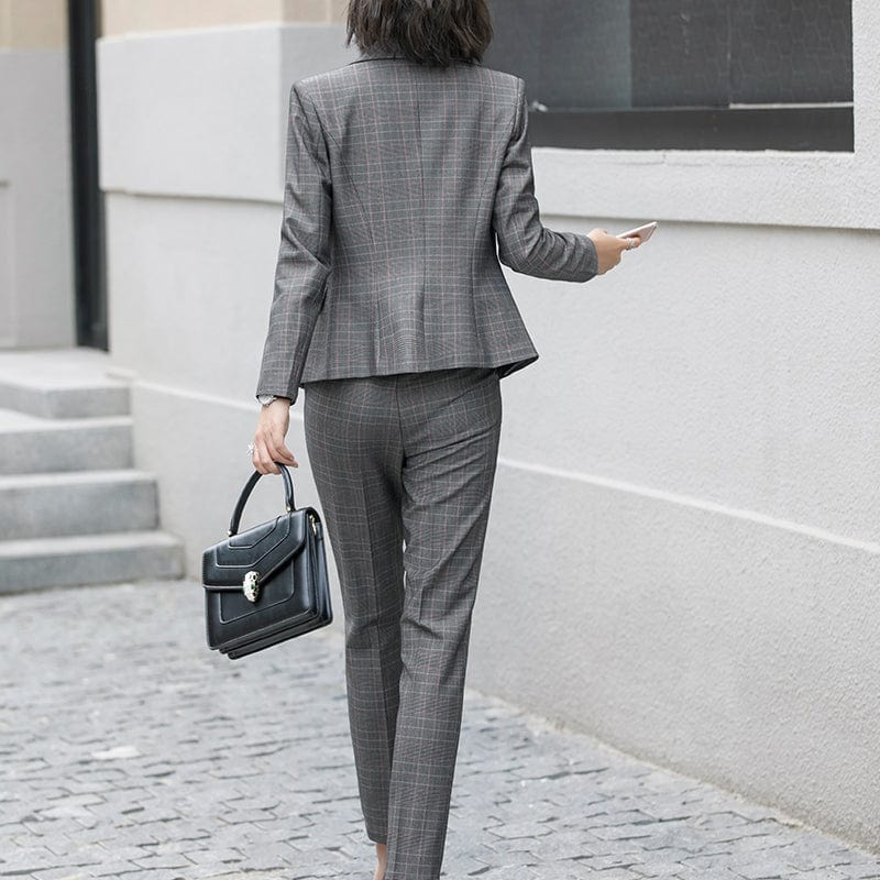Elastic Waistband 2 Piece Set Formal Plaid Pant Suit Office Lady Work Wear Uniform Design Women Business Jacket and Trouser