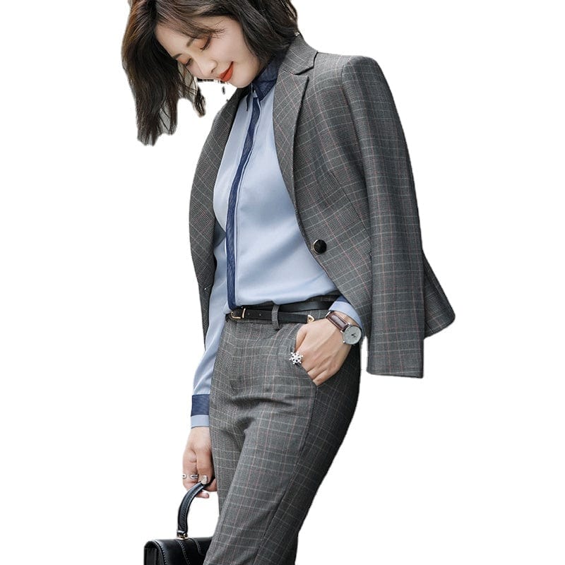 Elastic Waistband 2 Piece Set Formal Plaid Pant Suit Office Lady Work Wear Uniform Design Women Business Jacket and Trouser