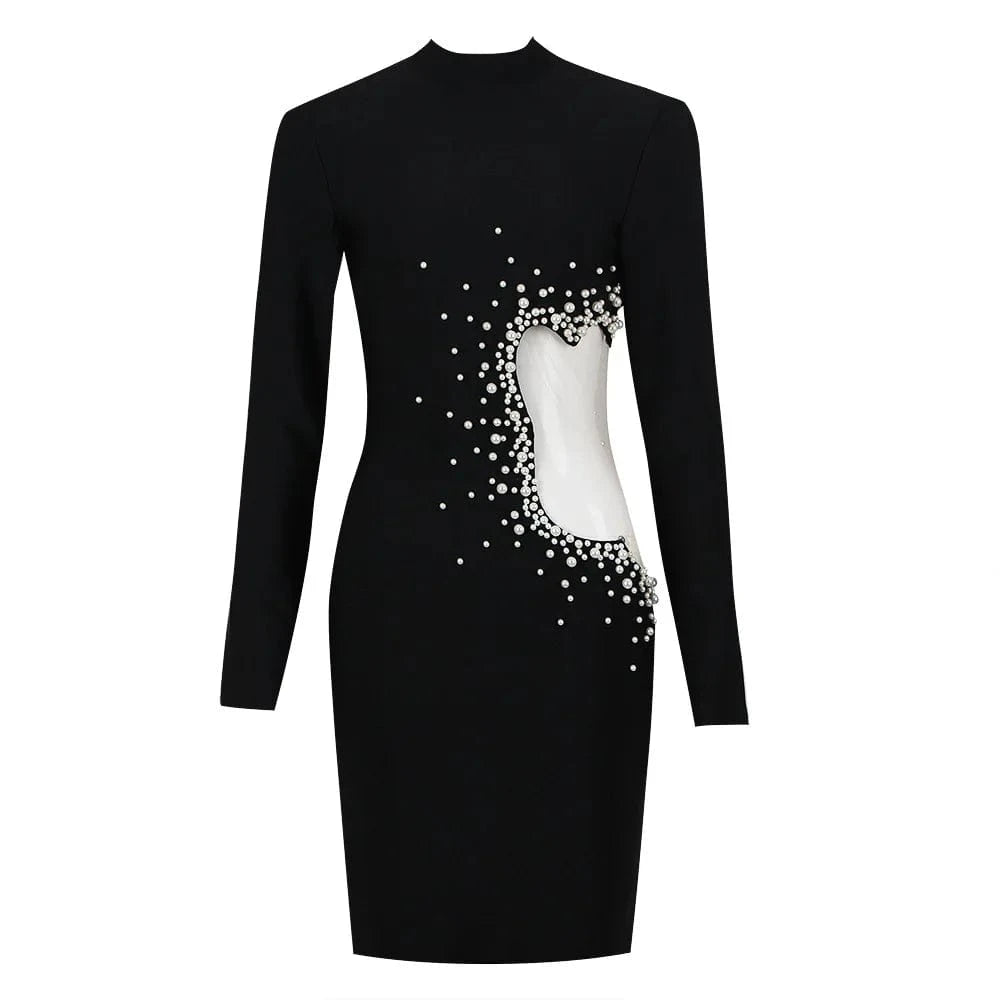 Elegant Bandage Dress Round Neck Long Sleeve Pearl Evening Dresses High Quality Fashion Party Casual Bodycon Vestidos for Woman